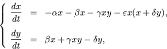 \begin{displaymath}
\left\{
\begin{array}{lcl}\displaystyle
\frac{dx}{dt} & = &...
... & = & \beta x + \gamma xy - \delta y, \\
\end{array} \right.
\end{displaymath}