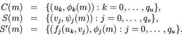 \begin{displaymath}
\begin{array}{rll}
C(m)& =& \{(u_{k},\phi_{k}(m)): k=0, \l...
...(f_{j}(u_k,v_j),\phi_{j}(m): j=0, \ldots, q_u\},
\end{array}
\end{displaymath}